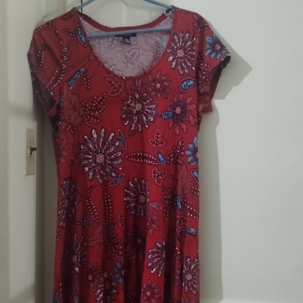 Chaps Red Floral Scoop Neck Dress with Blue Accents